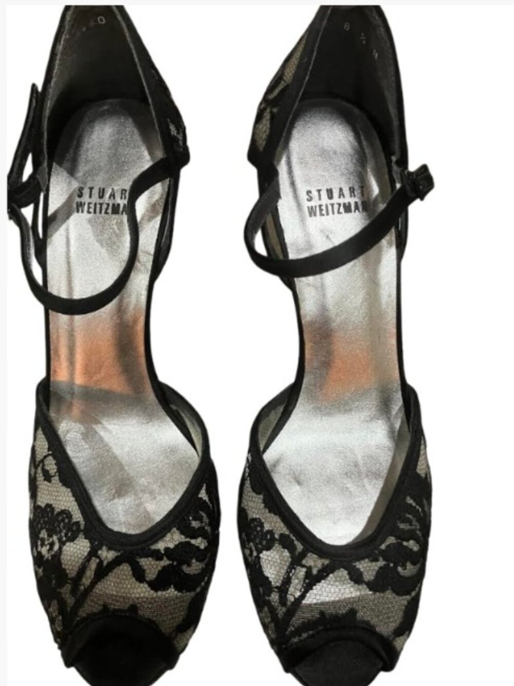 Stuart Weitzman Black Satin Lace Evening High Heels with Peep Toe 8.5 Like New